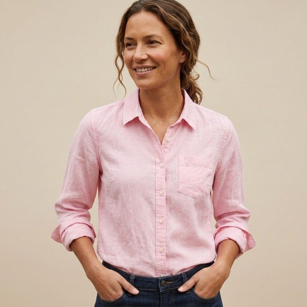 LL Bean Women's Pink 100% Linen Button Down Long Sleeve Shirt S Coastal Preppy